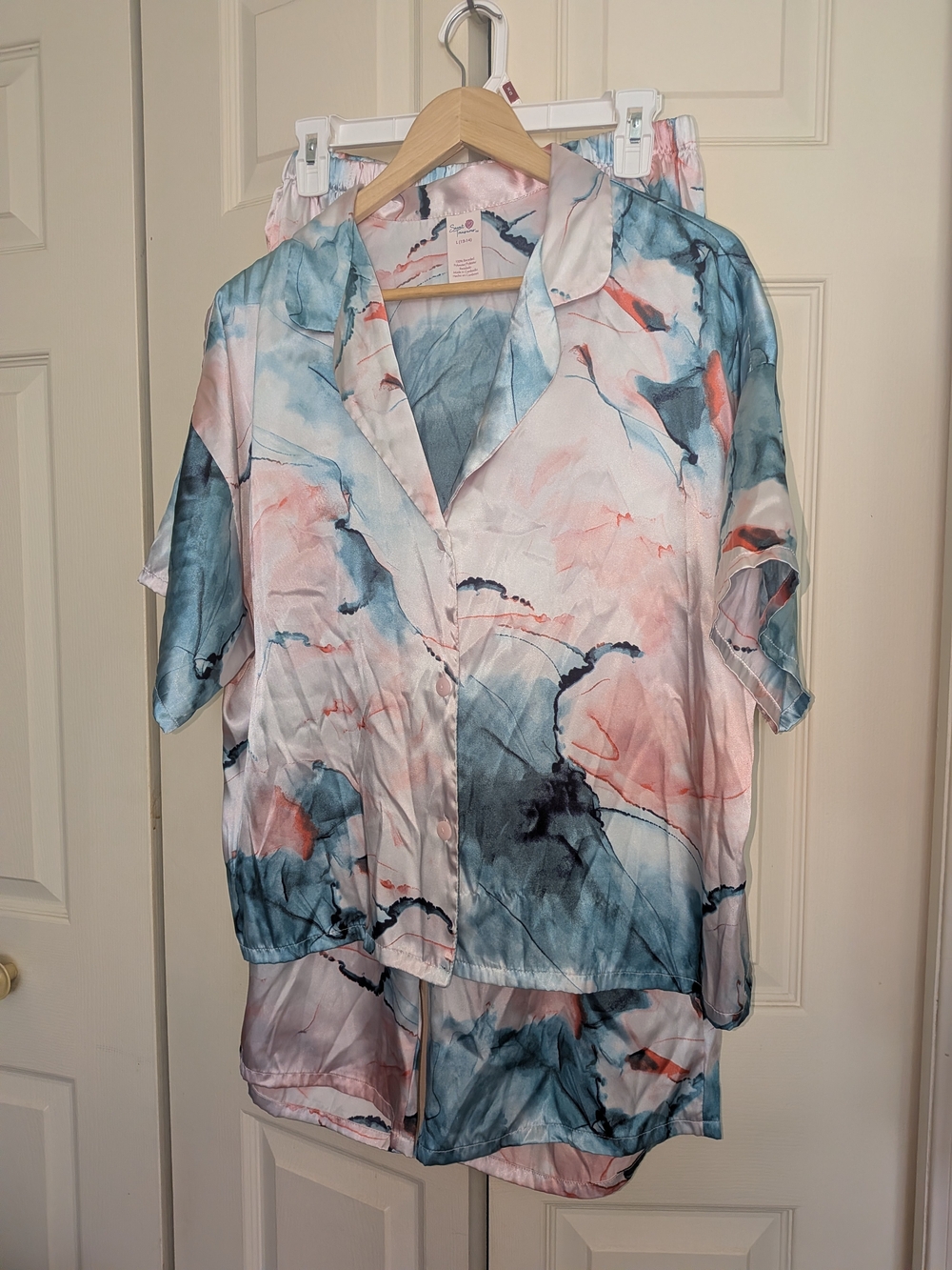 Secret Treasures Watercolor Satin Short Sleeve Pajamas Set in Blue and Pink